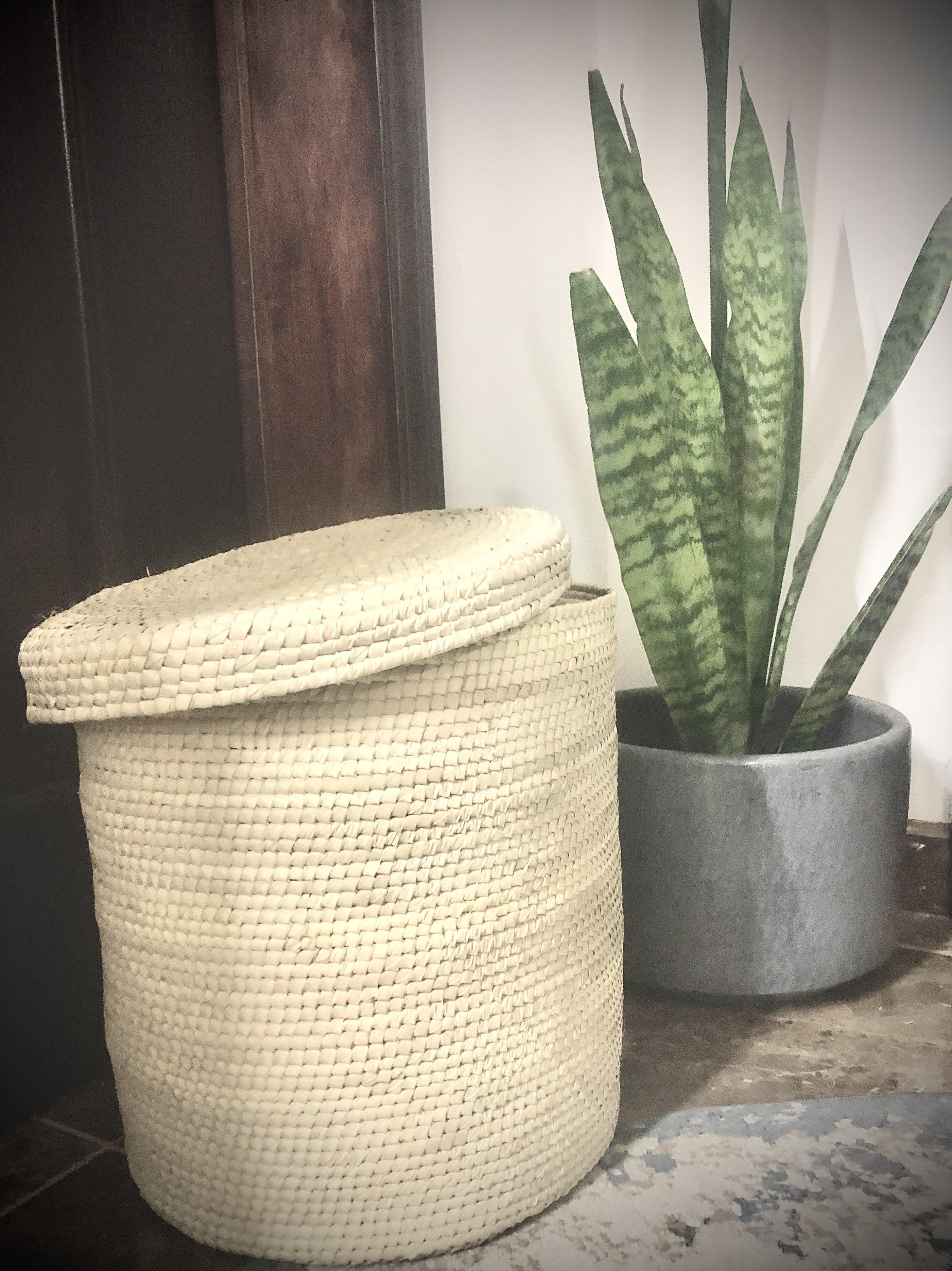 Natural, Handmade Palm Embroidered Basket with Lid - HomageMade 
