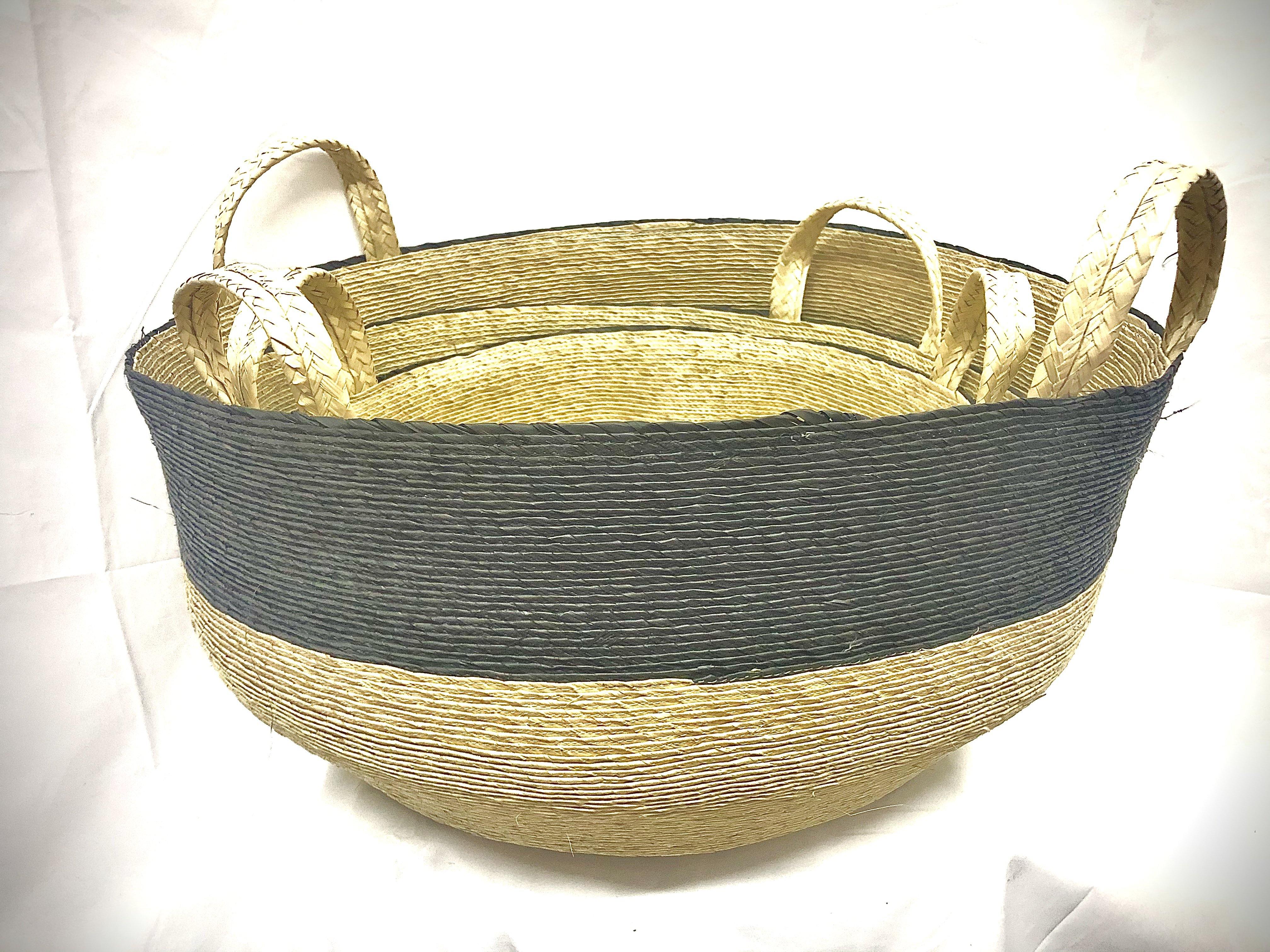 Set of 3 Handmade, Natural with Black Sewn Palm Tote Baskets - HomageMade 