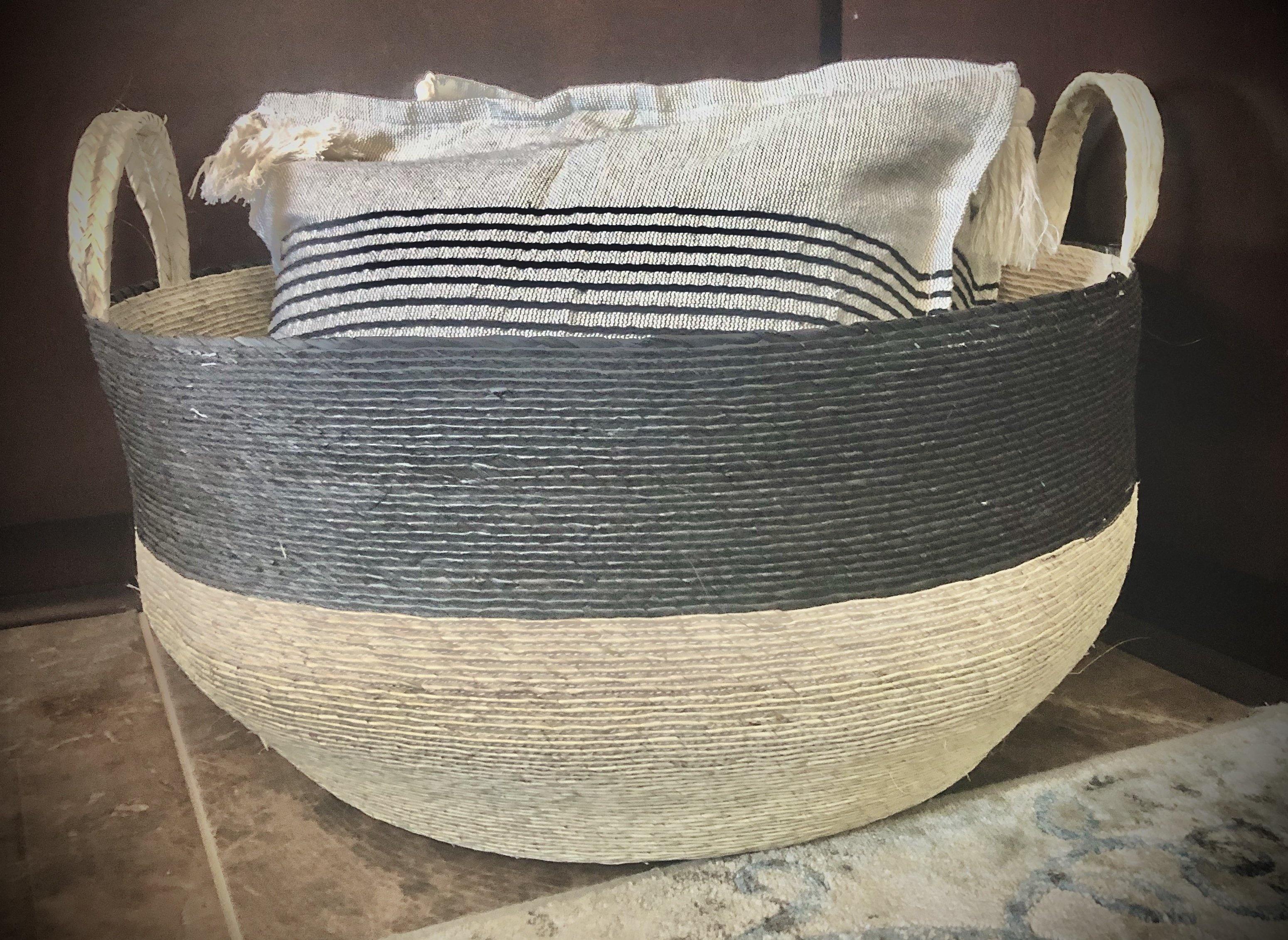 Set of 3 Handmade, Natural with Black Sewn Palm Tote Baskets - HomageMade 